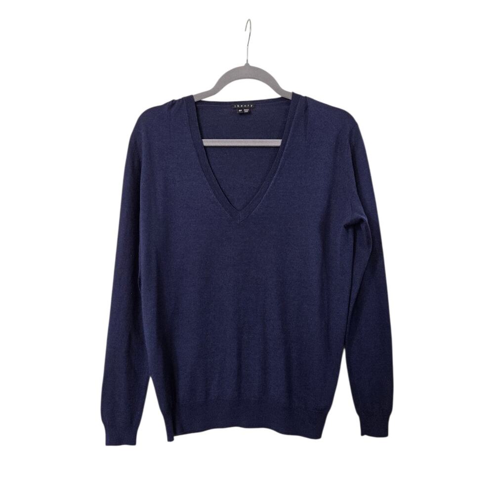 Theory Navy Blue Wool Silk Blend V-Neck Cambridge Fluidity Knit Top Men's Small